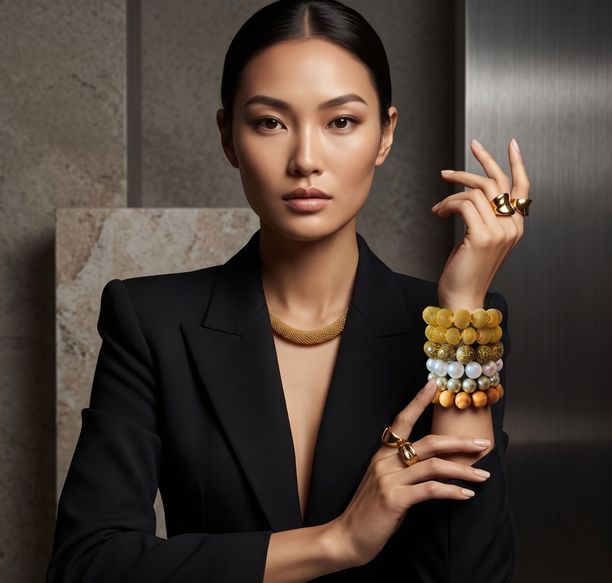 PewedUp stack with a black suit and gold jewelry